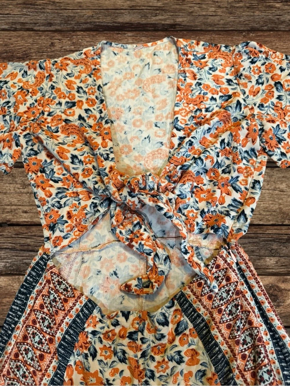 Free People Surf Date Romper Orange Floral Cut Out Tie Front Boho Size XS
